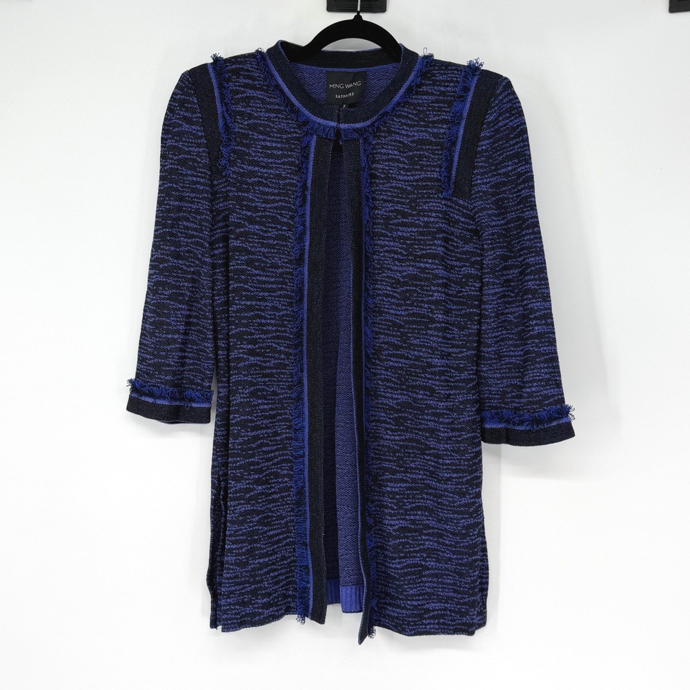 Ming Wang Sapphire‎ Womens Blue Black Knit Fringe Trim Cardigan Jacket Size S